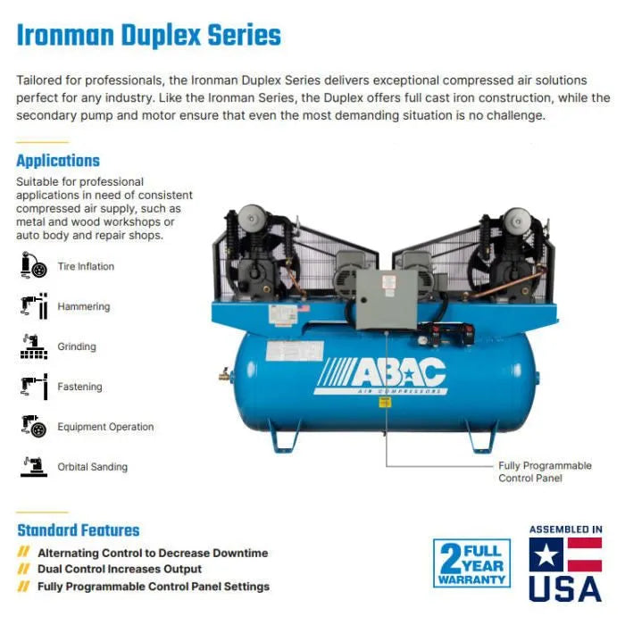 ABAC ABC7-21120HD 7.5HP Ironman Duplex Air Compressor Features